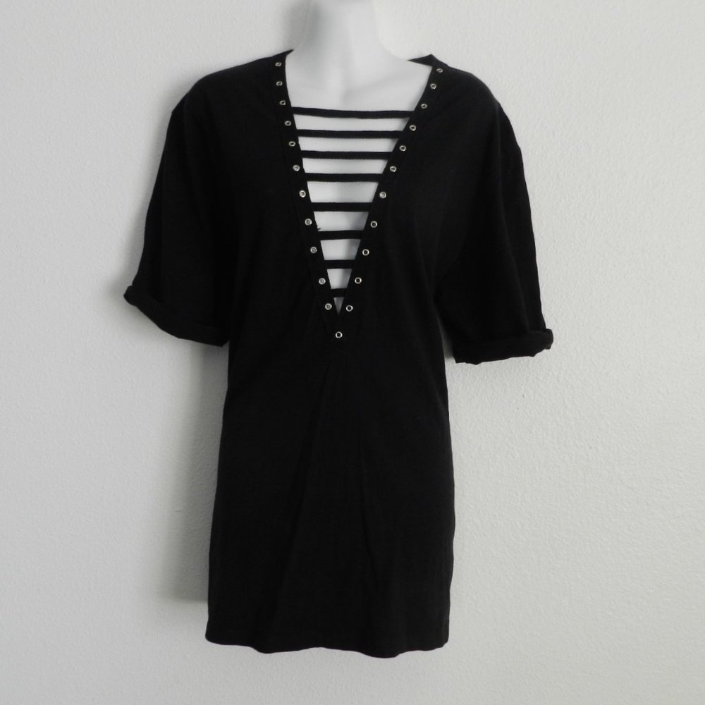 Emma & Sam deep v neck lace up look, short sleeve 100% cotton tunic/mini dress